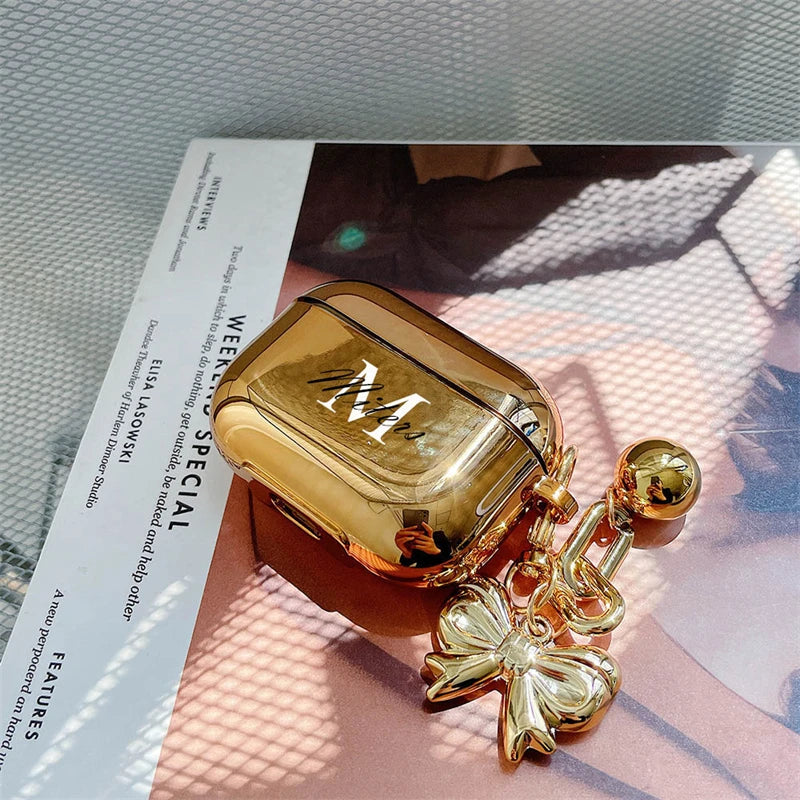 Luxury Gold Plating Earphone Case For Airpods 2 Pro Personalized Letters Logo Customized With Bow Keychain Soft Protective Cover