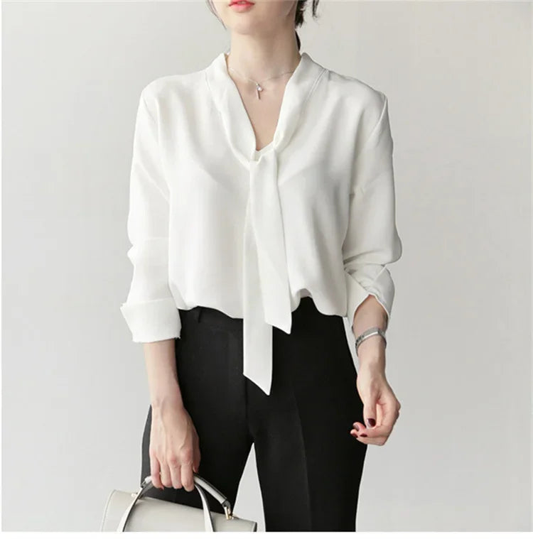 Pullover Blouse Summer Shirts for Women Korean Fashion Office Blouses blusas Autumn Long Sleeve Tie Bow Chiffon Formal Shirts