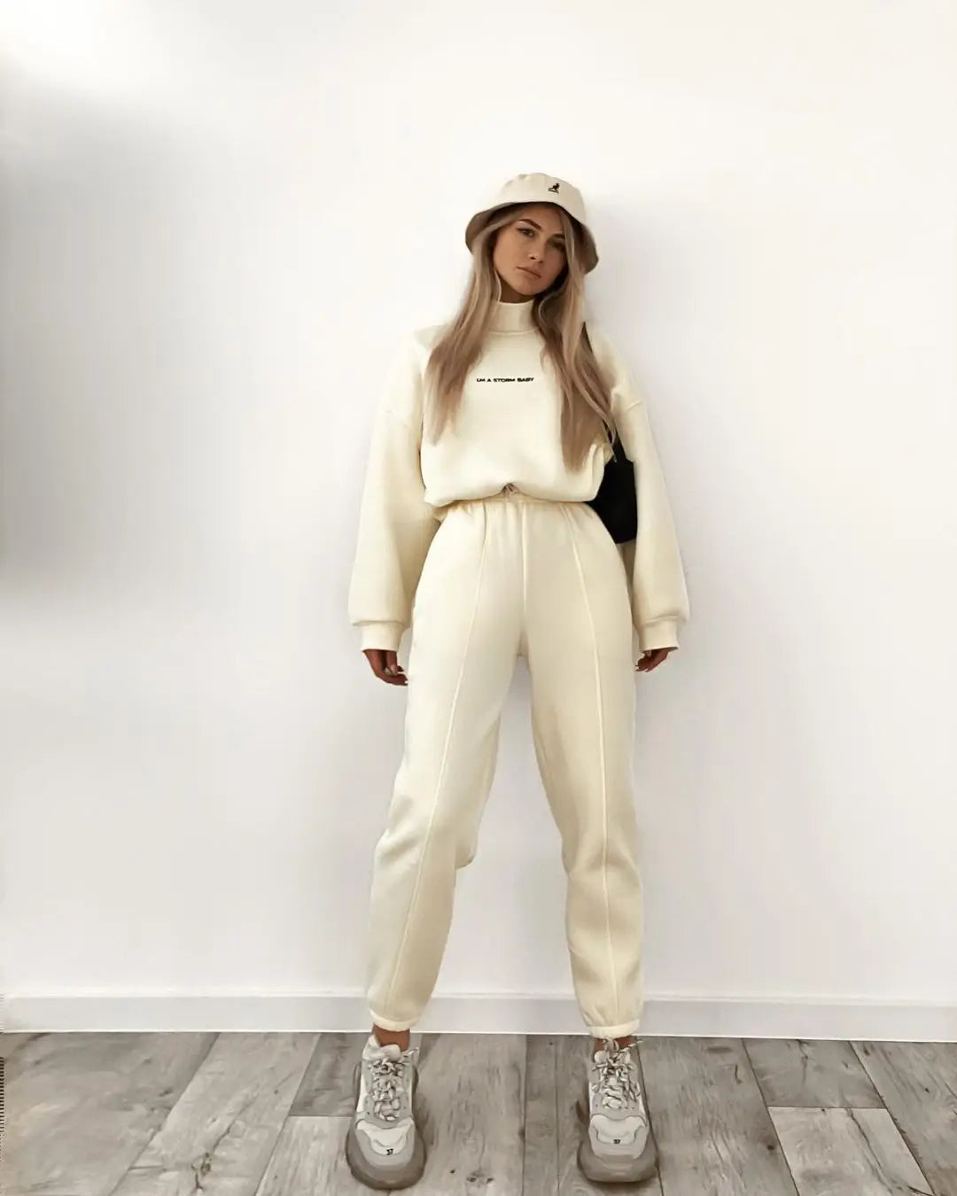 2023 Spring Autumn New Printed Loose Sports Suit Women Turtleneck Long Sleeve Sweatshirt Drawstring High Waist Pencil Pants Suit