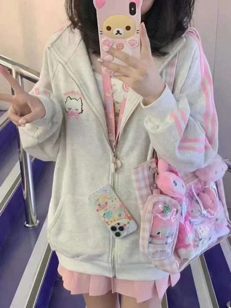 HOUZHOU Japanese Fashion Kawaii Zipper Hoodie Women Harajuku Cute Pink Cat Embroidery Oversized Hooded Sweatshirt Winter 2023