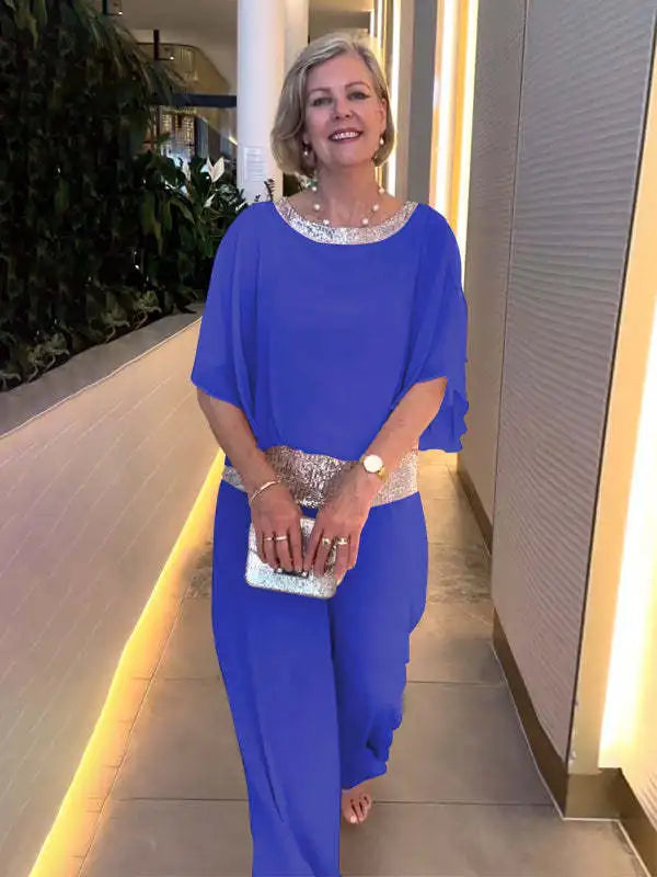 Fashion Sequin Splicing Chiffon Shirt Women's Bat Short Sleeved Suit Summer New Wide Leg Pants Elegant Female Office 2 Piece Set