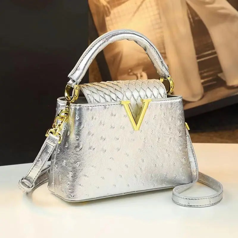 Fashion Luxury Leather Women's Handbags V Letter Small Shoulder Crossbody Bag Niche Ostrich Print Portable Messenger Shell Bags