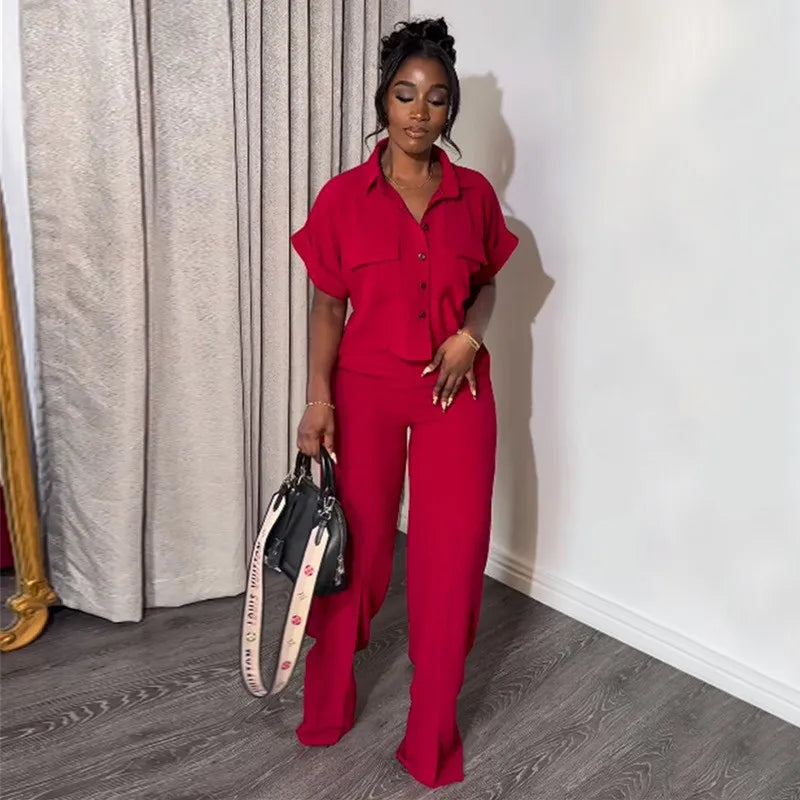 Women's Two Piece Sets Spring Summer Casual Solid Turn-down Neck Short Sleeve Loose Top & Wide Leg Pants Set Streetwear Outfits