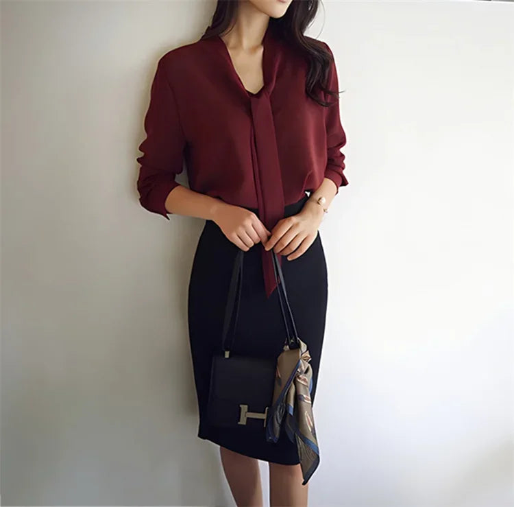 Pullover Blouse Summer Shirts for Women Korean Fashion Office Blouses blusas Autumn Long Sleeve Tie Bow Chiffon Formal Shirts