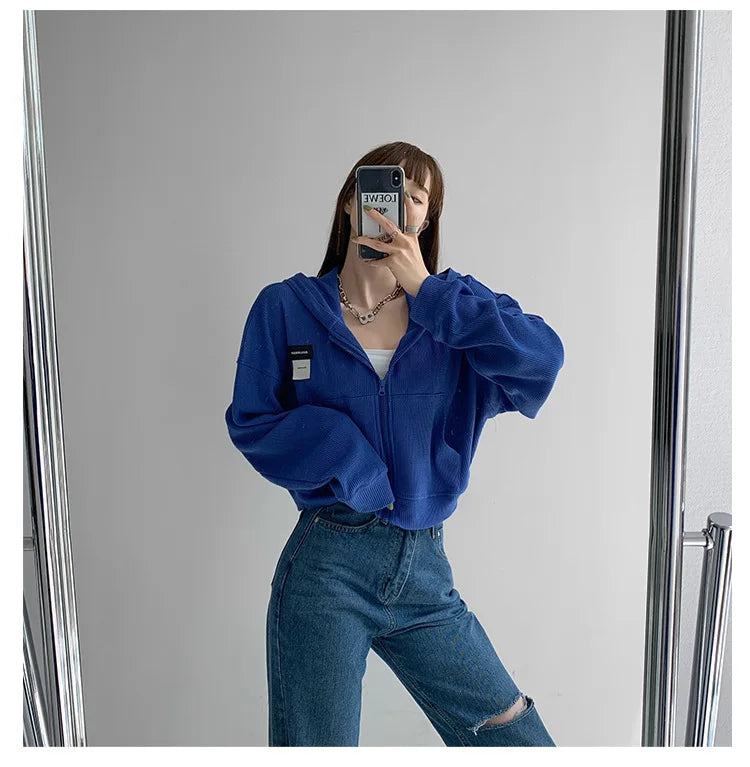 Harajuku Women Sweatshirts Korean Fashion Sportswear Female Zip Up Hoodies Vintage Streetwear Basic Casual Cropped Top Autumn