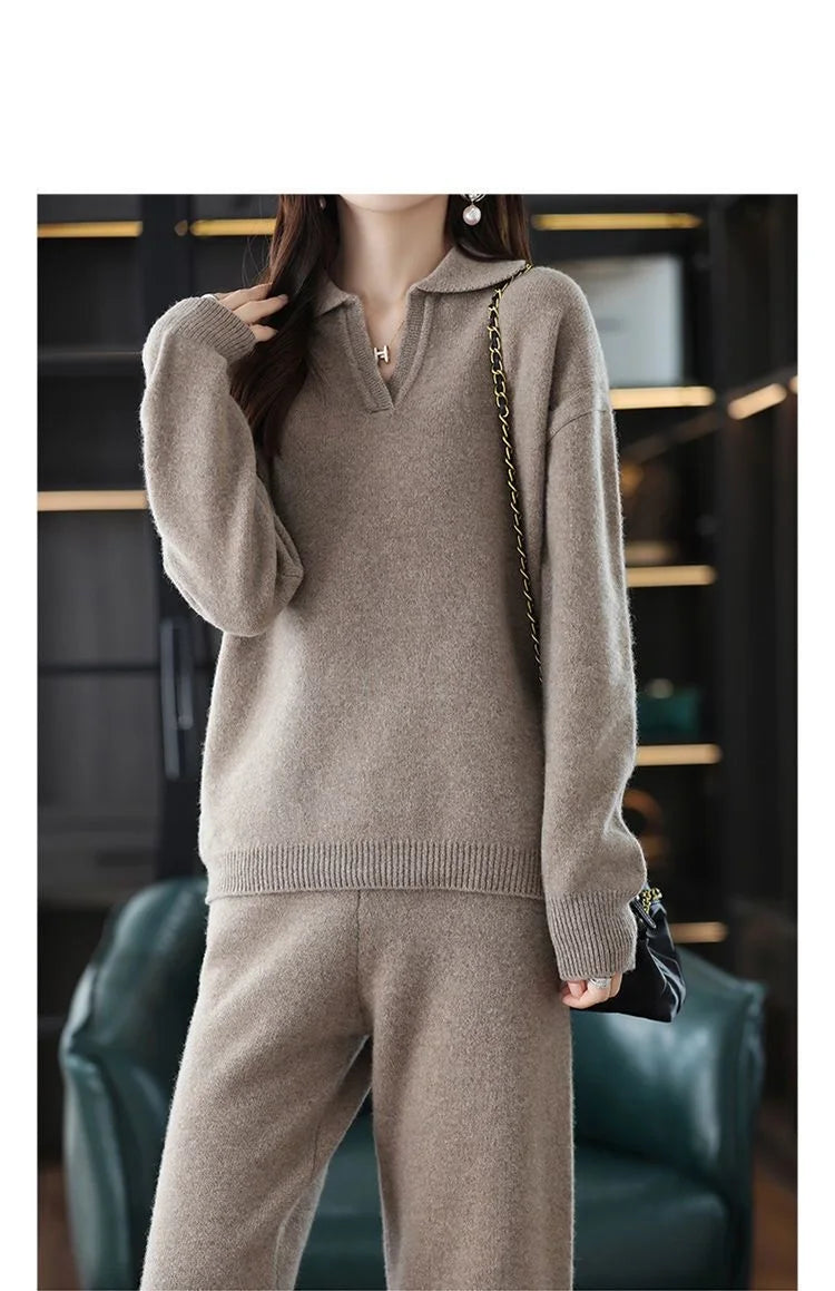 Knitted Suit Women's 2024 New Fashion Autumn Winter Long-sleeved Lapel Sweater+Wide leg pants Female Loose Casual Two-piece Sets