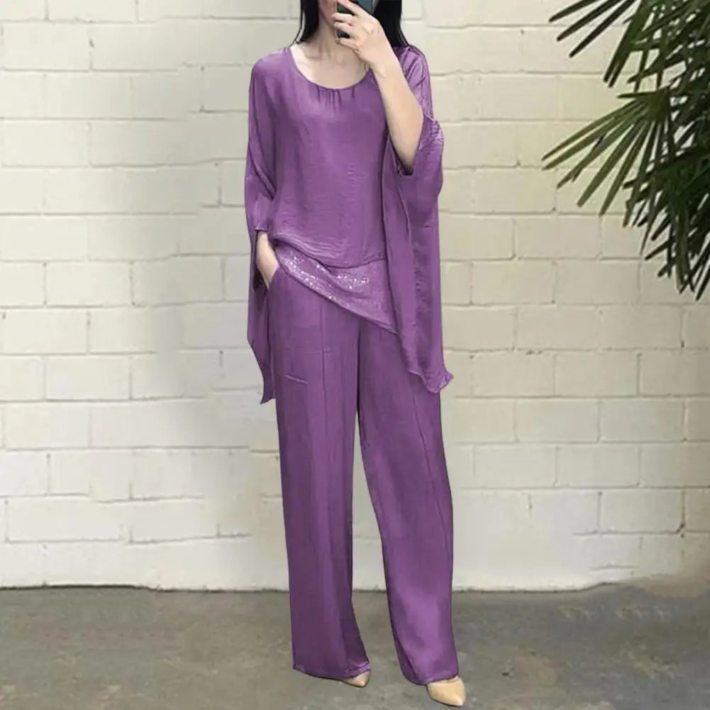Fashionable Women Suit Stylish Women's Casual Suit with Wide Leg Pants Batwing Sleeve Top for Home Office Party Outfits Wide-leg