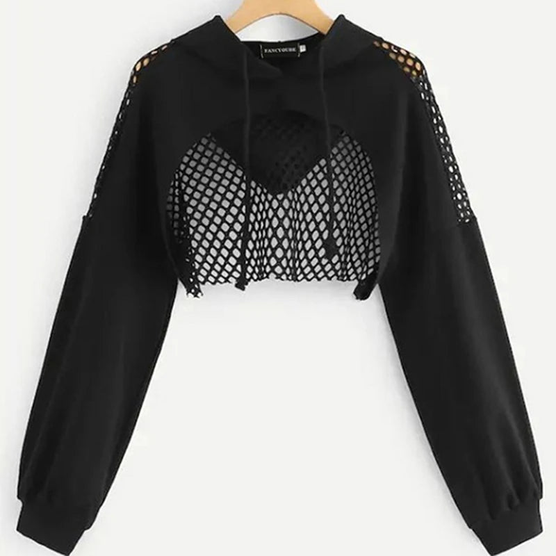 Women's Hoodies Sweatshirt Ultra Short Mesh Splice pullover Sweatshirts Gothic Women Long Sleeve Lumbar Sexy Top Street Wear