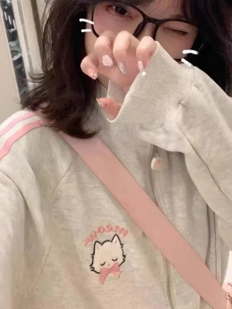 HOUZHOU Japanese Fashion Kawaii Zipper Hoodie Women Harajuku Cute Pink Cat Embroidery Oversized Hooded Sweatshirt Winter 2023