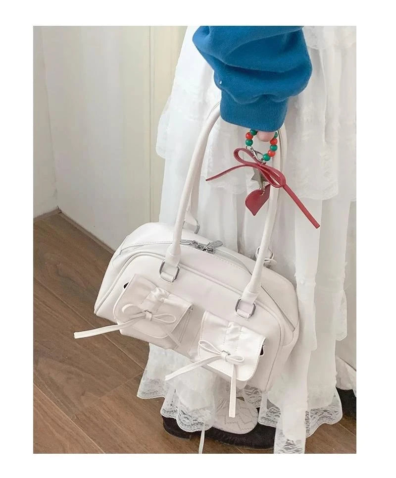 Xiuya Silver Pleated Womens Shoulder Bag Elegant Gentle Korean Fashion Leather Handbag Bow Sweet New Simple Ladies Boston Bag