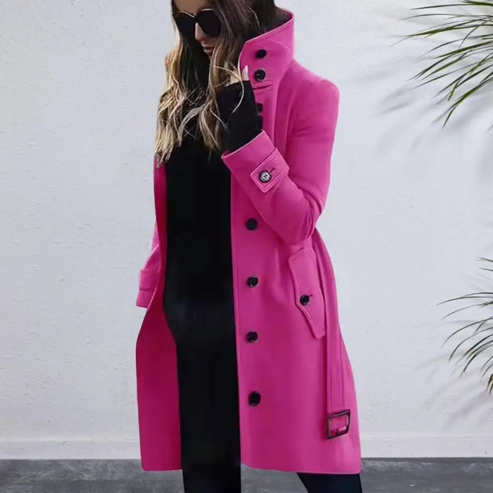 Women Woolen Coat Loose Fit Wool Jacket Stylish Plus Size Woolen Coat with High Collar Belt for Women Long Sleeve for Dating