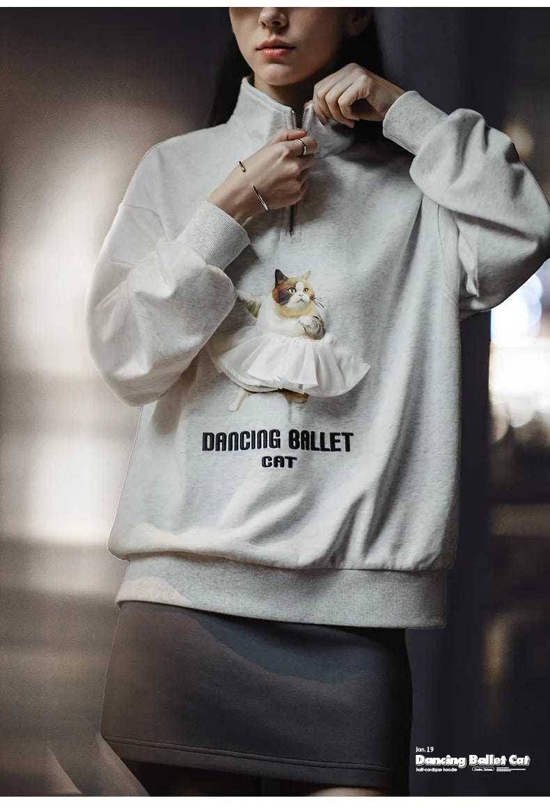 Maden Printed Ballet Cat Sweatshirts for Women Stand Collar Casual Sweater Gray Long Sleeve Pullover Autumn Gray Sweaters Top