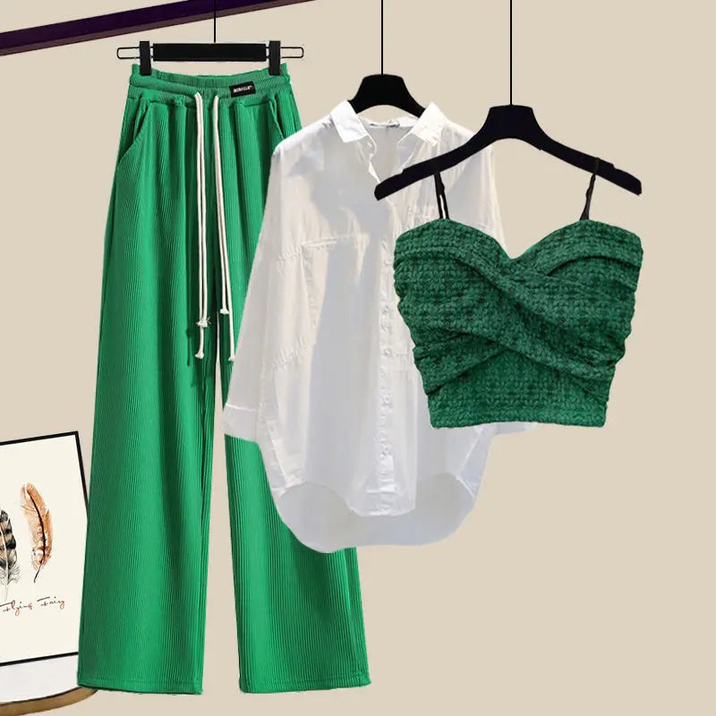 2023 Summer New Wide Free Casual Wide Leg Trousers White Shirt Wave Bra Vest Three Piece Elegant Women's Pants Set Tracksuit
