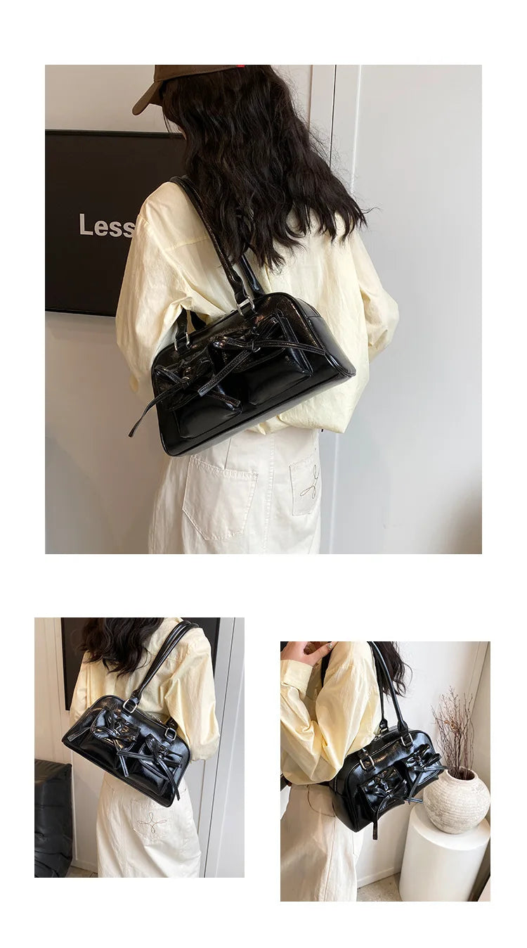 Xiuya Silver Pleated Womens Shoulder Bag Elegant Gentle Korean Fashion Leather Handbag Bow Sweet New Simple Ladies Boston Bag