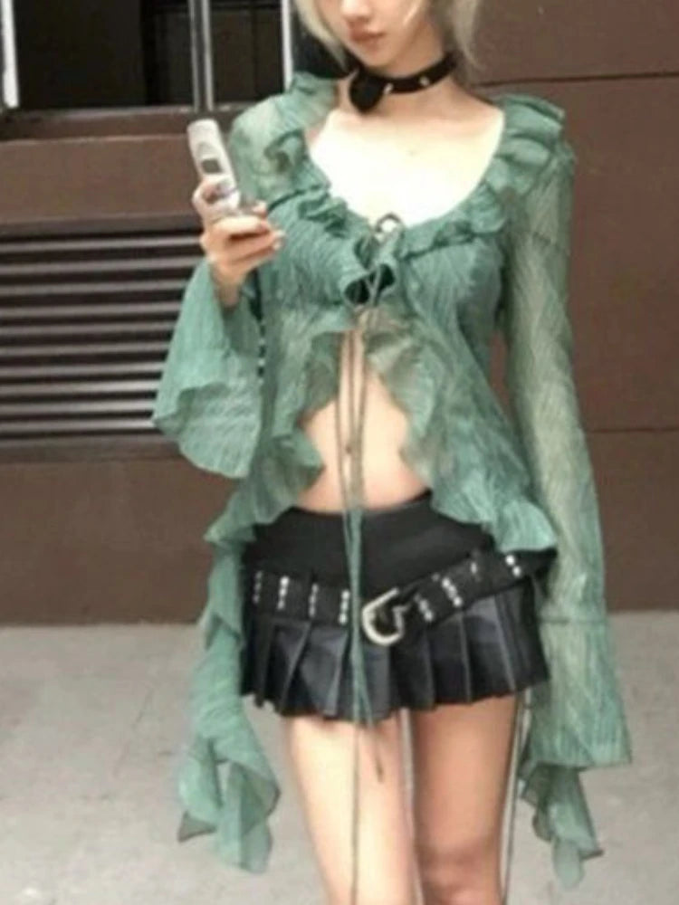 Japanese Y2k Lace Shirt Vintage 2000s Style Ruffles Blouses Grunge Aesthetics Irregular Green Shirts Retro 90s Sexy Cardigan