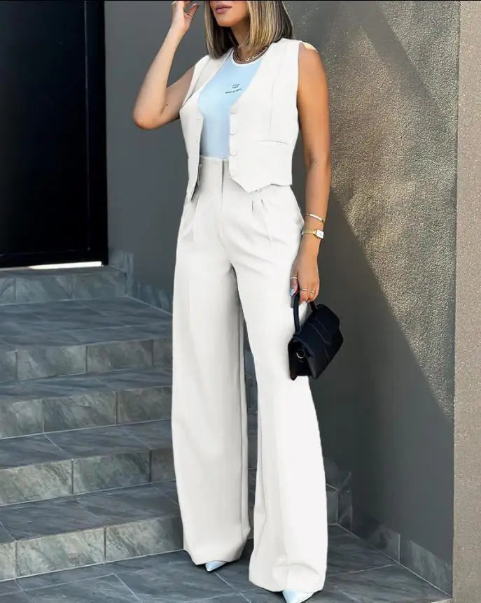 New 2024 Women's Summer Casual 2PCS Pants Sets Solid Vest +Pants Sets Elegant High Waist Wide Leg Outfits Women Matching Sets