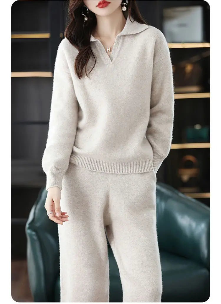 Knitted Suit Women's 2024 New Fashion Autumn Winter Long-sleeved Lapel Sweater+Wide leg pants Female Loose Casual Two-piece Sets