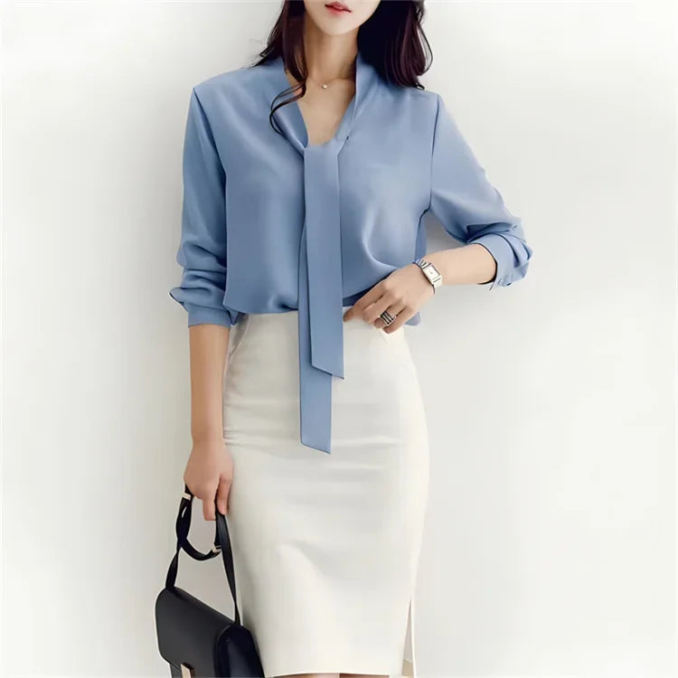 Pullover Blouse Summer Shirts for Women Korean Fashion Office Blouses blusas Autumn Long Sleeve Tie Bow Chiffon Formal Shirts