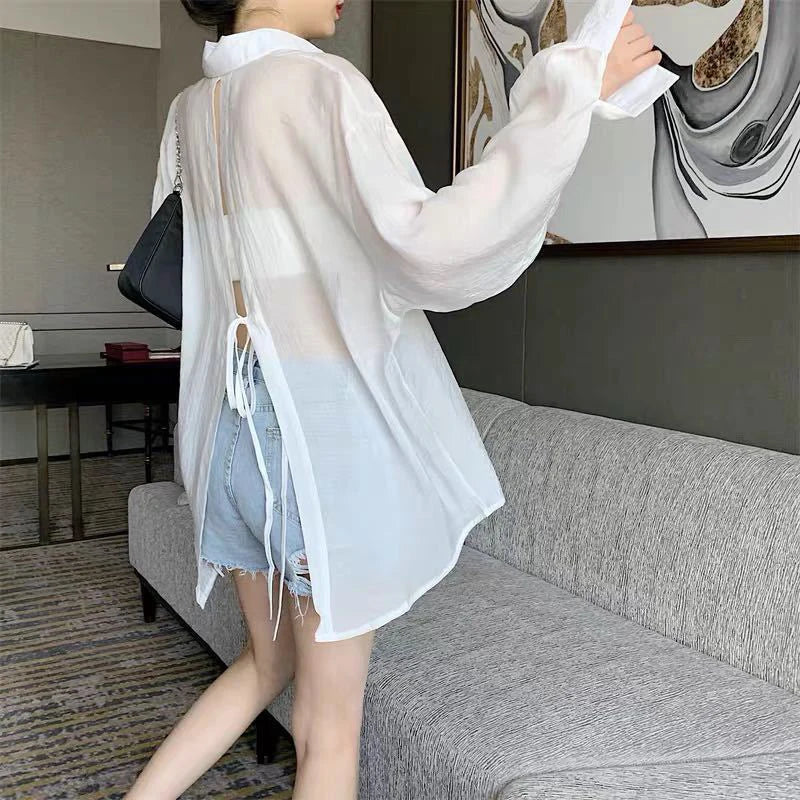 Summer Sun Protection Shirt Women Elegant Chic Loose Lace Up Blouses Korean Fashion Harajuku Long Sleeve Thin Tops Ladies New