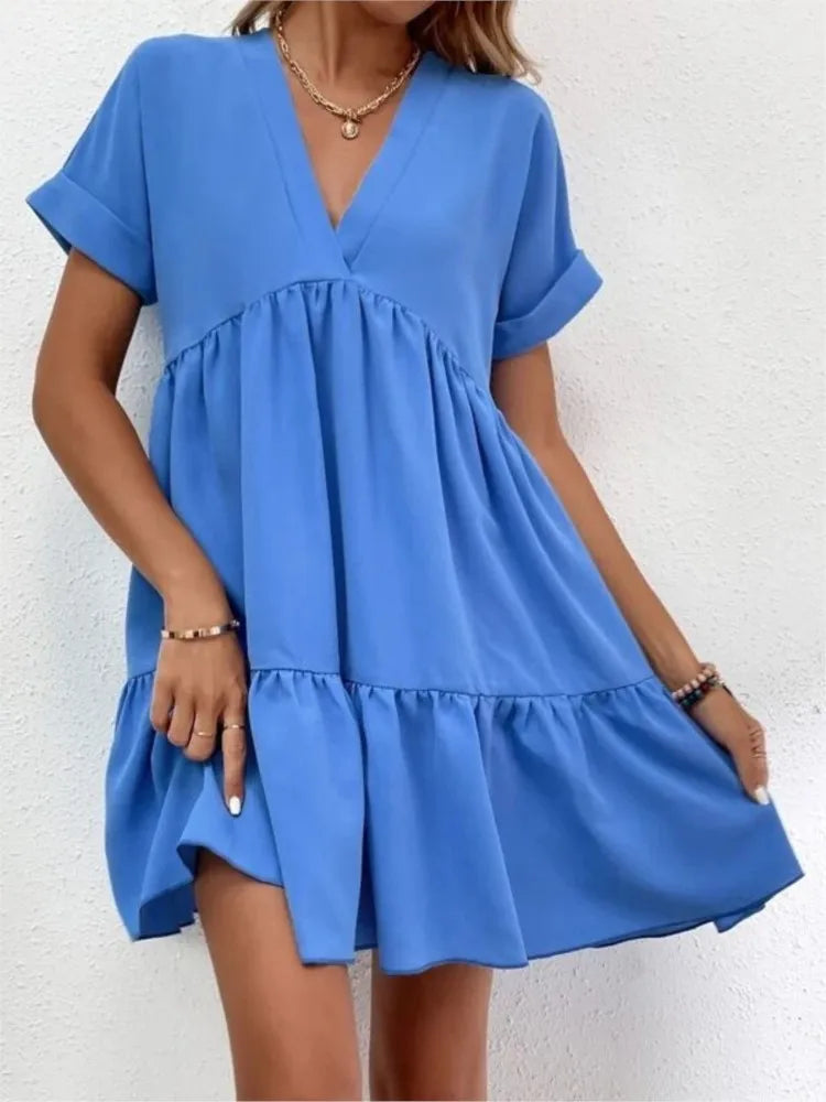 Women's Short Dress 2024 New Summer Style Fresh And Sweet V-neck Solid Color Large Swing Elegant Casual Short Dress