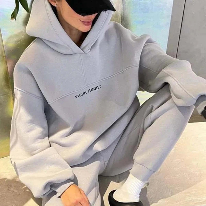 2024 New Women's Casual Fashion Print Suit Solid Color Thickened Warm Hooded Top Elastic Sports Pants Female's Two Piece Set