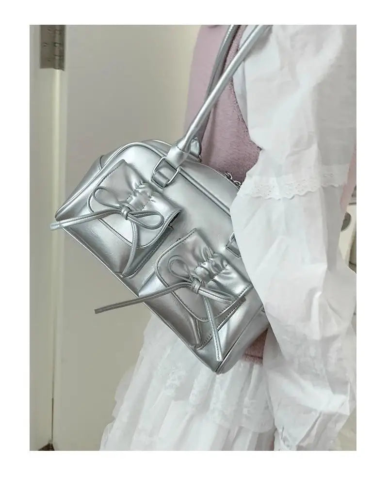 Xiuya Silver Pleated Womens Shoulder Bag Elegant Gentle Korean Fashion Leather Handbag Bow Sweet New Simple Ladies Boston Bag