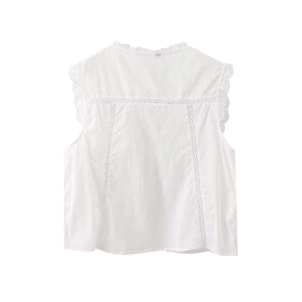 TRAF-Women's Lace Embroidery Blouses, O Neck, Sleeveless, Front Tied, Female Shirts, Chic Tops, Fashion