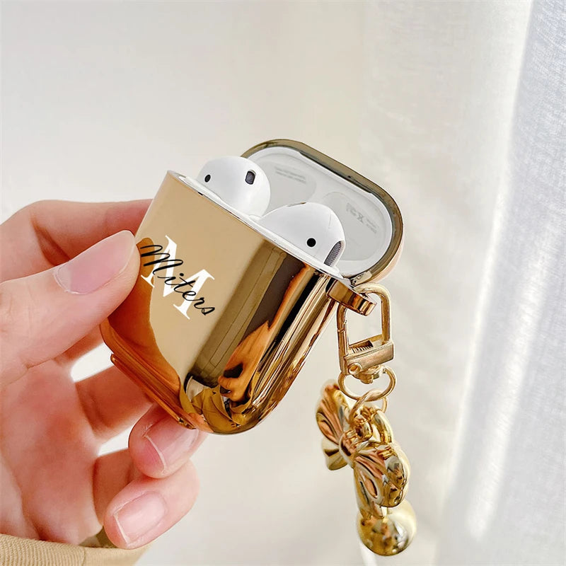 Luxury Gold Plating Earphone Case For Airpods 2 Pro Personalized Letters Logo Customized With Bow Keychain Soft Protective Cover