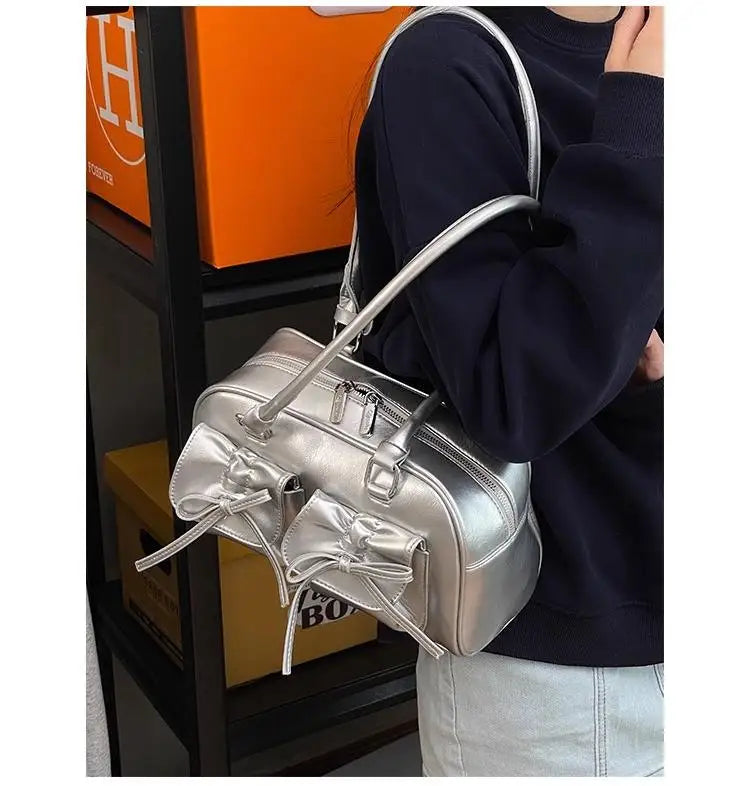 Xiuya Silver Pleated Womens Shoulder Bag Elegant Gentle Korean Fashion Leather Handbag Bow Sweet New Simple Ladies Boston Bag