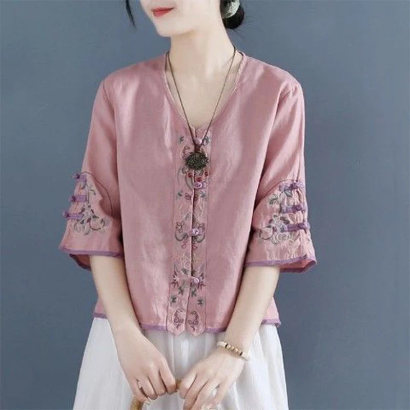 Summer Ethnic Style Cotton Linen Embroidery Vintage Frog Shirt Female Half Sleeve Loose Casual Fashion All-match Cardigan Blouse