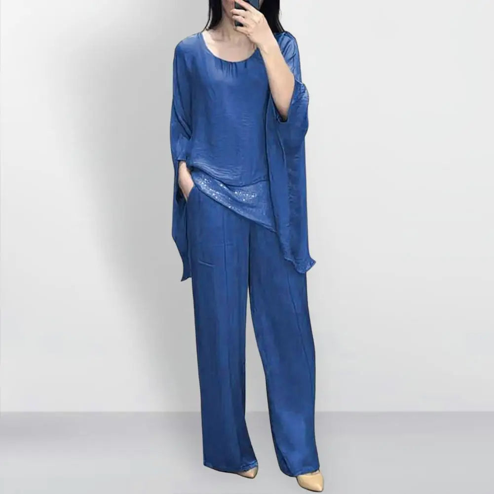 Fashionable Women Suit Stylish Women's Casual Suit with Wide Leg Pants Batwing Sleeve Top for Home Office Party Outfits Wide-leg