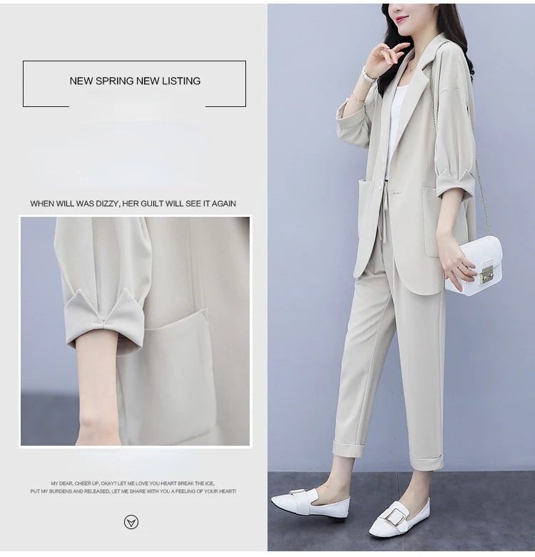Spring and Autumn New Fashion Plus Size Women's Three Piece Suit Cotton Blended Single Button Coat Nine Point Pants Office
