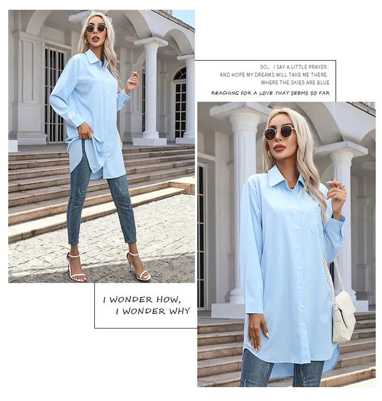 Long Shirt Women 2023 Vintage Pocket Shirts &Blouses Oversized Long Sleeve Blouse Fashion Women's Clothing Button Up Womens Tops