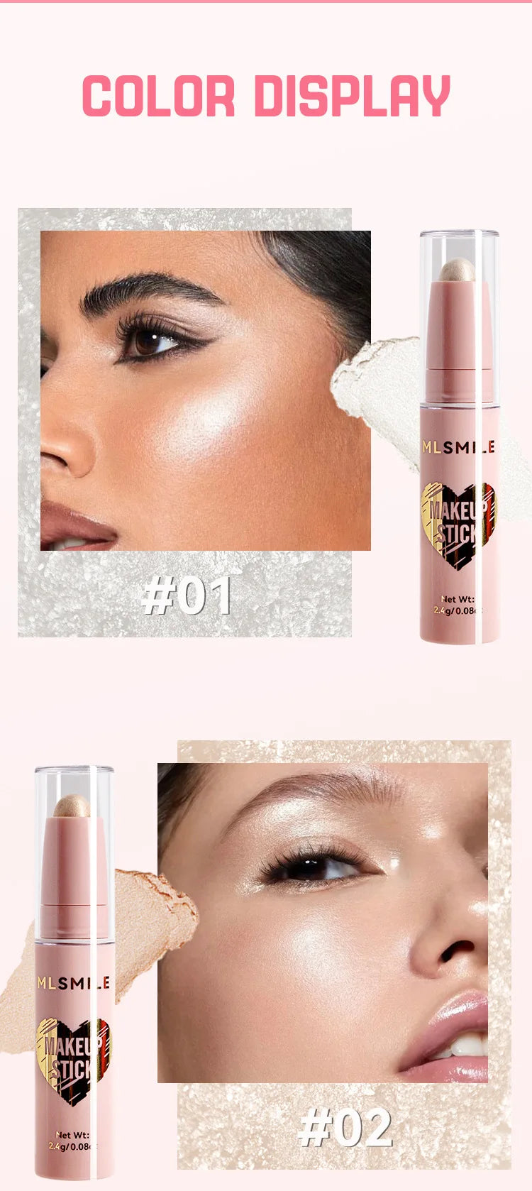 MLSMILE 8 Color High Gloss Pearl Contouring Stick Face Brightening Sleeper Silkworm Pen three-dimensional Face contour Shadow