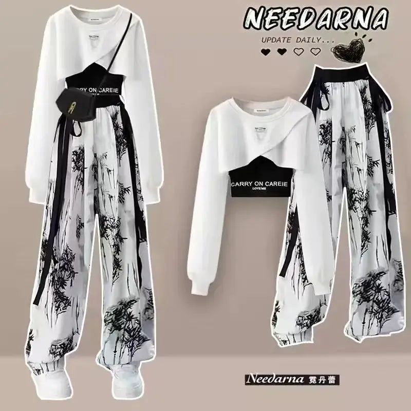 Spring and Autumn Set Women's Korean Design Long Sleeved Top+Tank Top+Ink Wide Legged Pants Three Piece Set Trendy