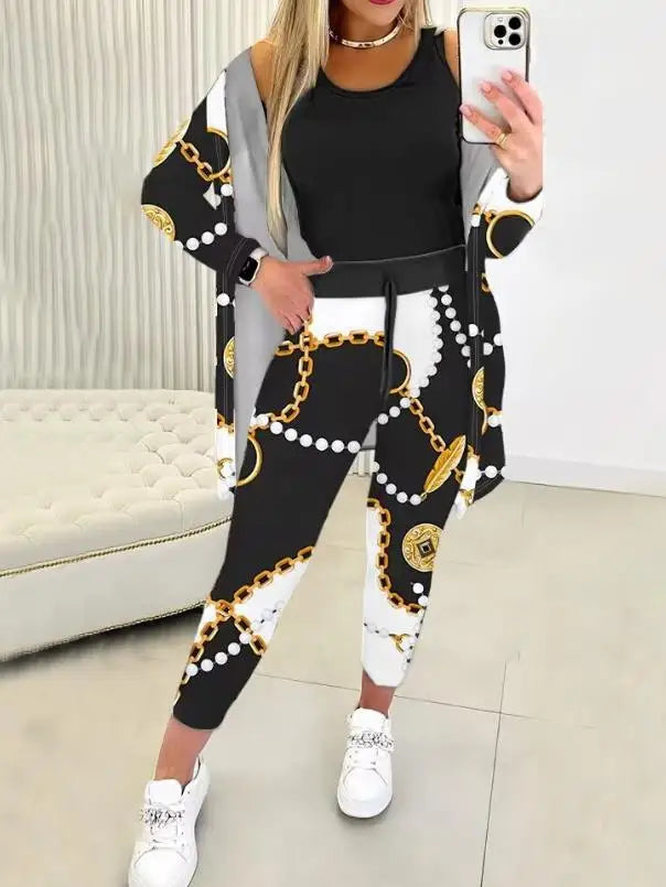 Women's Casual Suit Set 2024 Autumn Winter Latest Round Neck Tank Top & Drawstring Pants Set with Long Sleeve Open Front Coat