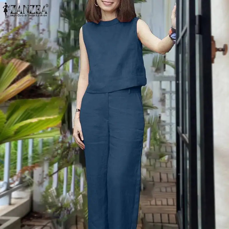 ZANZEA Elegant Women Matching Sets Summer Tracksuits Causal Pant Sets Sleeveless Blouse & Trousers Suit Fashion Outfits Oversize