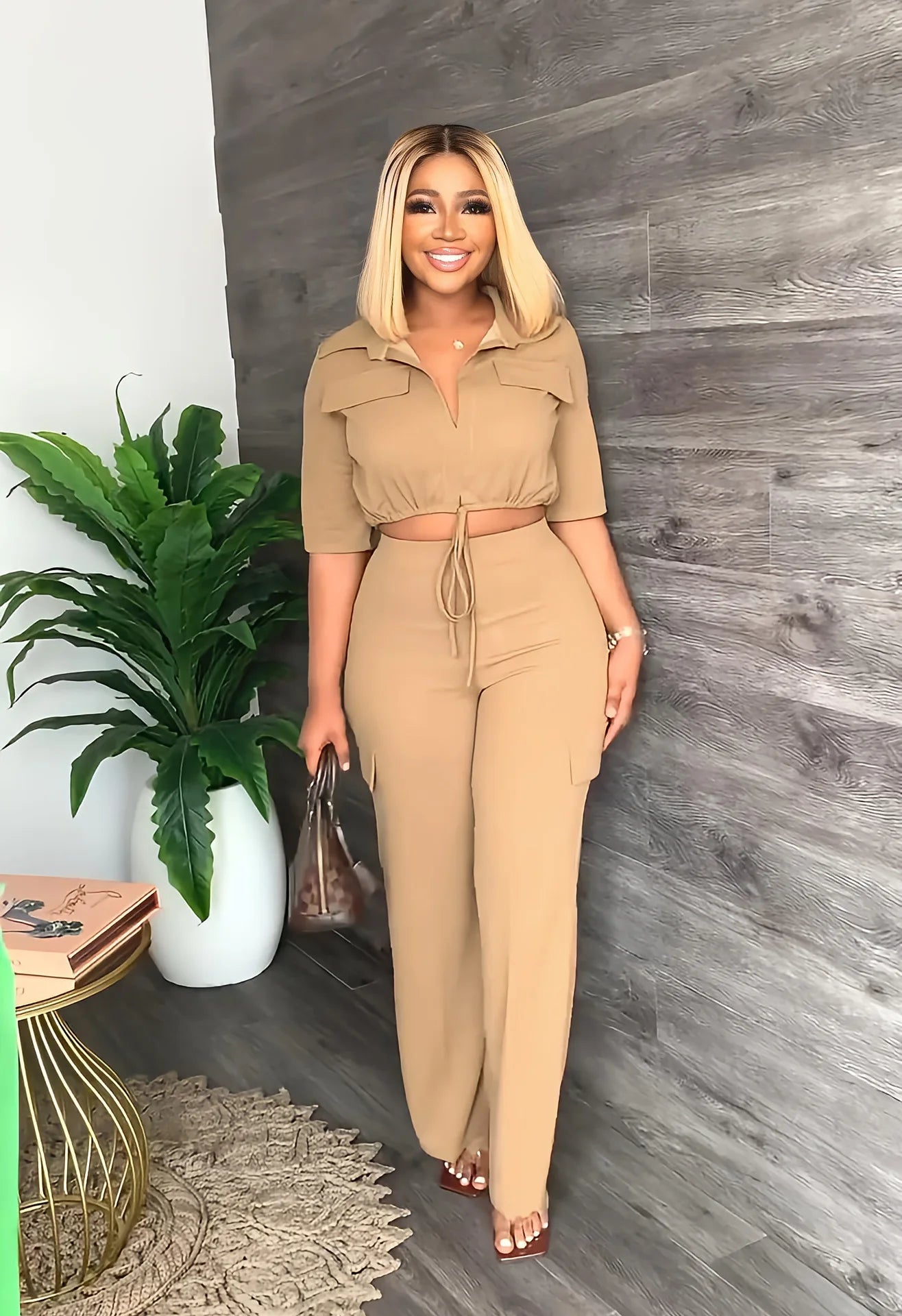 Elegant Women's Set Casual Drawstring Half Sleeve Short Blouse High Waist Straight Wide Leg Pant Suit Tracksuit Two Piece Outfit