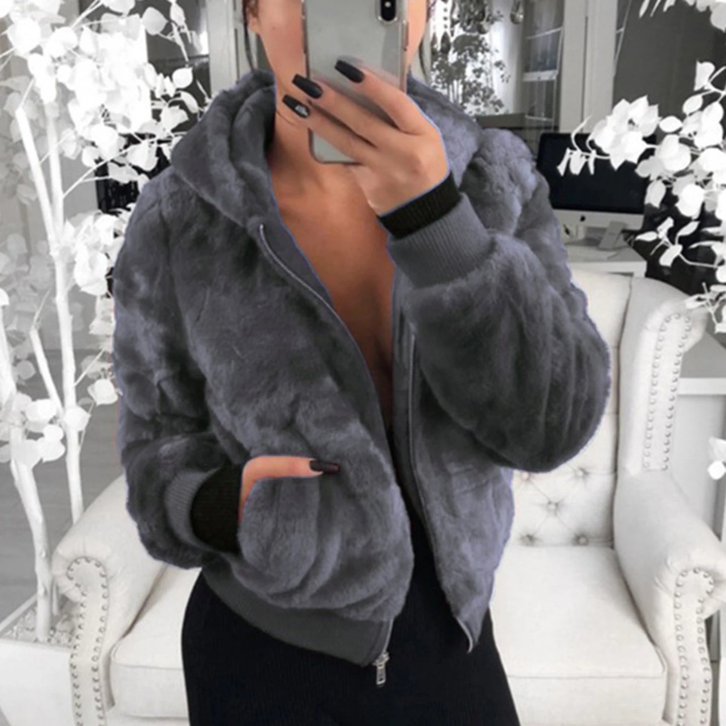 Plush Jacket Zipper Closure Thickened Elastic Cuff Women Hoodie With Pocket Outwear casacos de inverno feminino jaqueta feminina