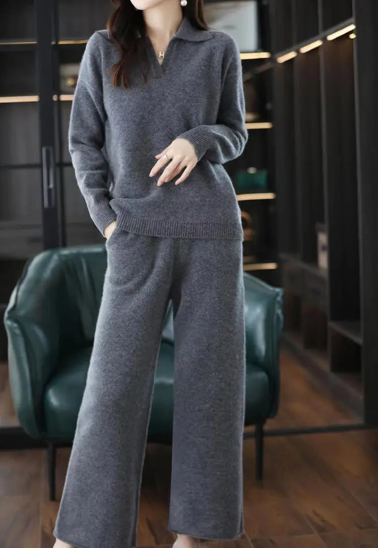 Knitted Suit Women's 2024 New Fashion Autumn Winter Long-sleeved Lapel Sweater+Wide leg pants Female Loose Casual Two-piece Sets