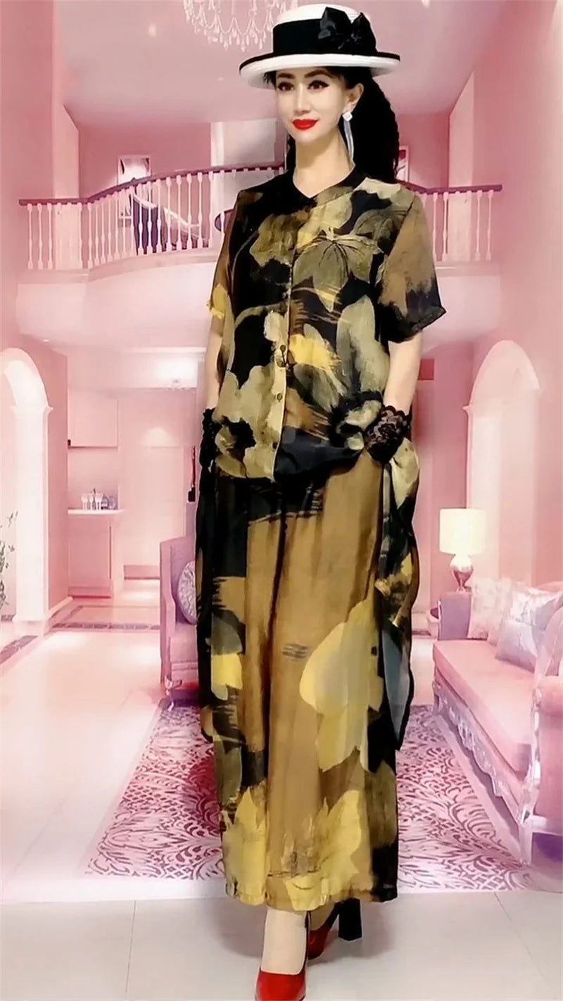 5XL Summer Sets Large Silk Wide Leg Trouser Set Women's Spring 2023 New Print Silk Fashion Slim Two Piece Set Female Elegant