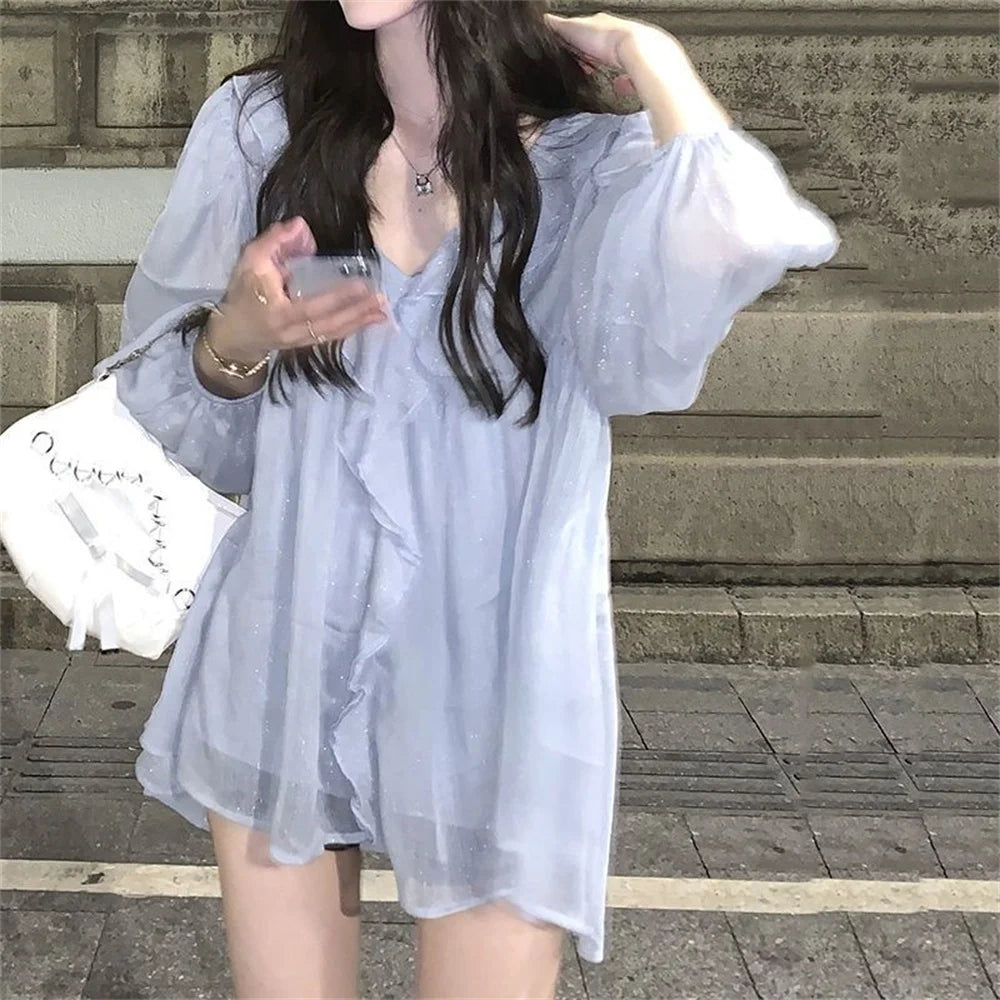 Blouse Women Elegant Ruffles Casual Solid New Chiffon Fashion Two-piece Daily Design Popular Basic Soft Tops Sweet Lady Shirts