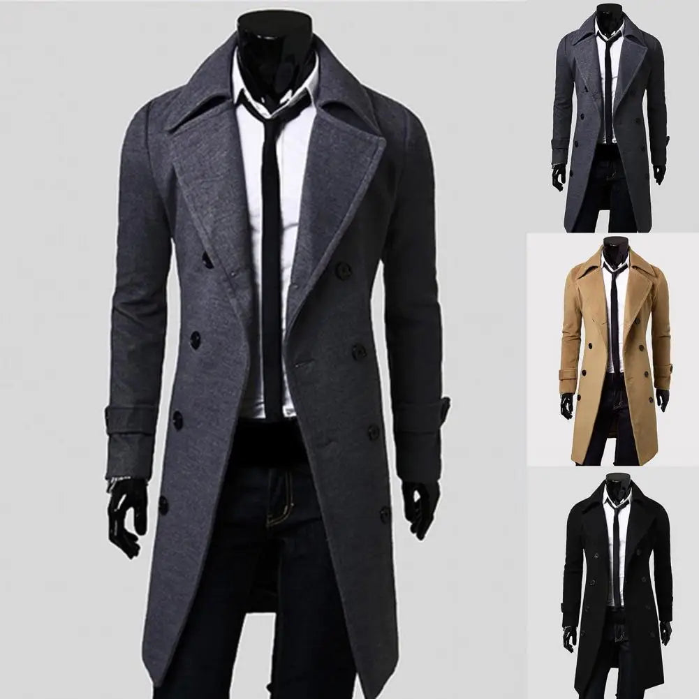 Simple Trench Coat Double-breasted Male Men Coat Coldproof Pure Color Jacket