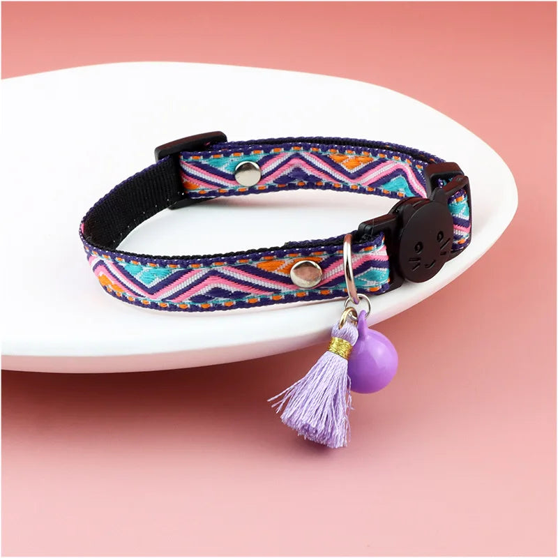 Adjustable cat collar with tassels and bells embellished pet collar colorful plaid jacquard pattern for cat and dog collars