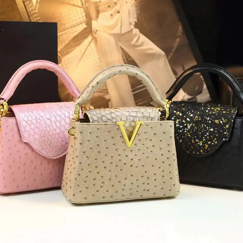 Fashion Luxury Leather Women's Handbags V Letter Small Shoulder Crossbody Bag Niche Ostrich Print Portable Messenger Shell Bags