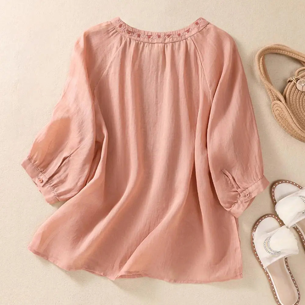 Cotton Linen Flower Embroidery Shirt Women Three Quarter Sleeves V Neck Casual Blouse Loose Solid Color Mother Blouse Women Top