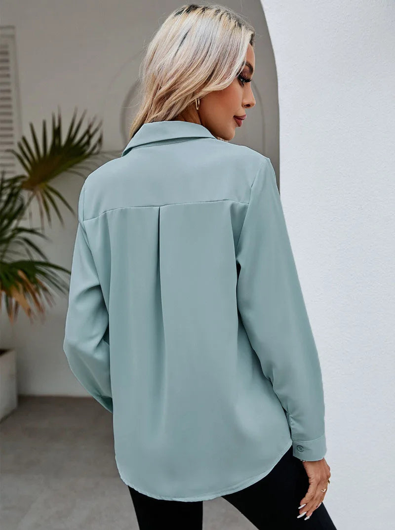 Casual Chiffon Blouse Tops Spring Summer V Neck Long Sleeve Hide Button Loose OL Workwear Business Blouse Shirts ARJ-004
