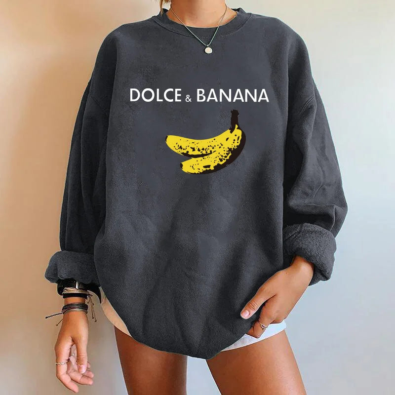 Seeyoushy Banana Print Women Sweatshirts Streetwear Round Neck Long Sleeve Drop Shoulder Loose Winter Woman Sweatshirts Moletom