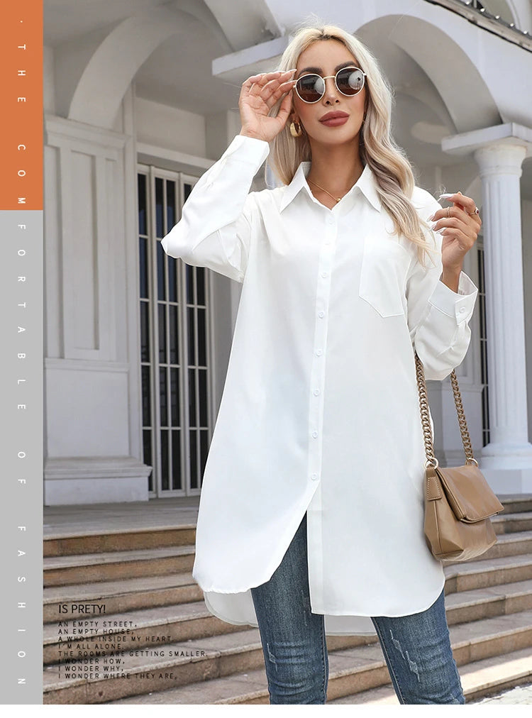 Long Shirt Women 2023 Vintage Pocket Shirts &Blouses Oversized Long Sleeve Blouse Fashion Women's Clothing Button Up Womens Tops