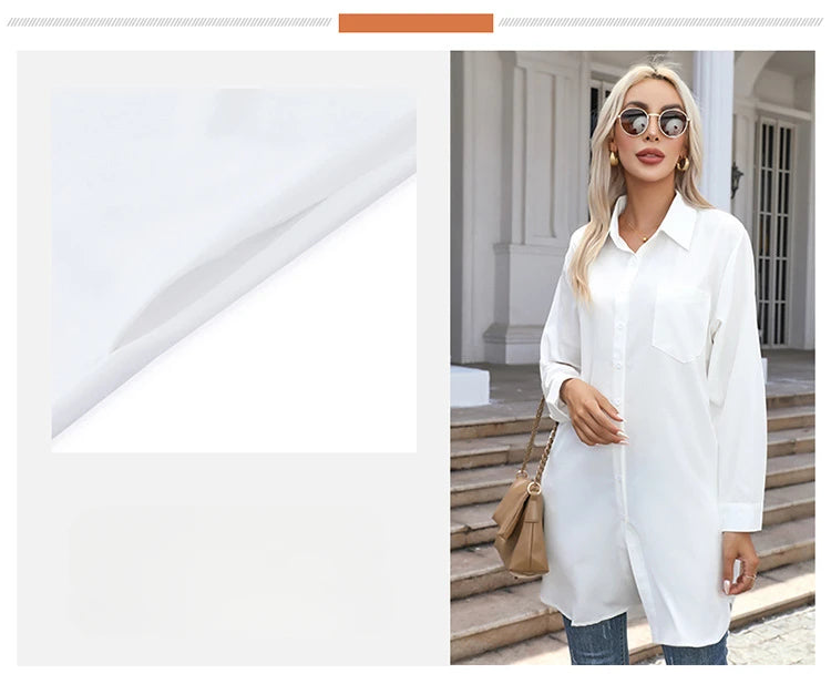 Long Shirt Women 2023 Vintage Pocket Shirts &Blouses Oversized Long Sleeve Blouse Fashion Women's Clothing Button Up Womens Tops